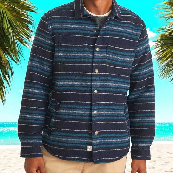 NWT Marine Layer Men’s Striped Snap Shacket in Dark Navy Baja Size Medium - Picture 1 of 5